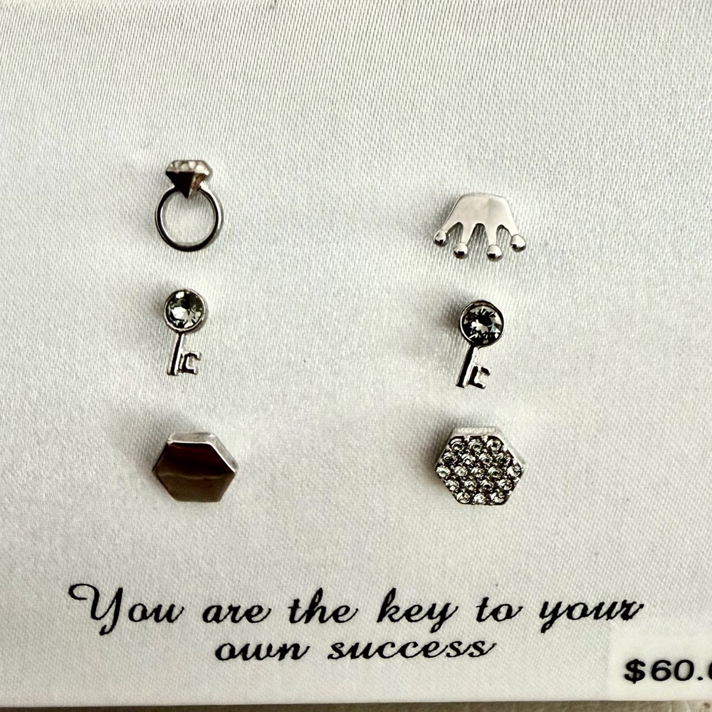 Silver Plated Key and Crown Earrings Set